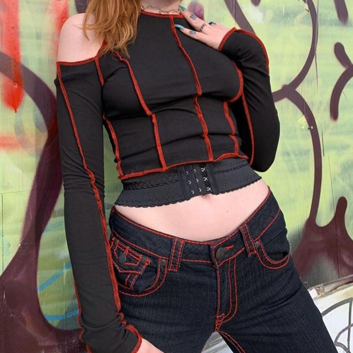 Goth Hollow Out Long Sleeve Crop Top