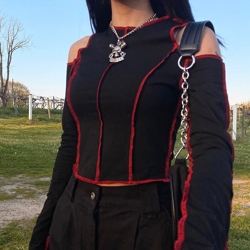 Goth Hollow Out Long Sleeve Crop Top