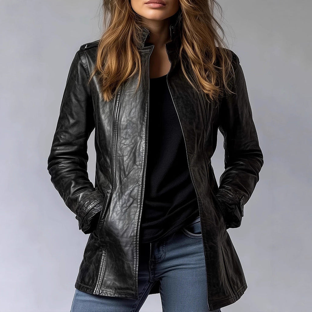 Ladies Leather Stand Collar Long Sleeve Distressed Trendy Gothic Faux Leather Jacket