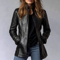 Ladies Leather Stand Collar Long Sleeve Distressed Trendy Gothic Faux Leather Jacket