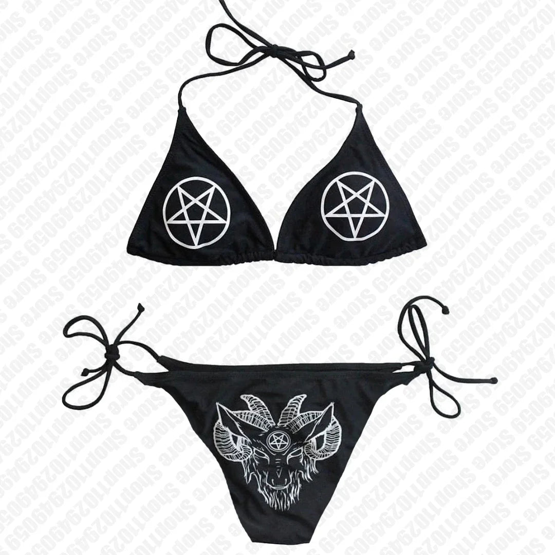 Aesthetic Gothic Fashion Women Swimwear 2000s Y2k Style Letter Print Bikini Set Thong Swimsuit Two Pieces Bathing Suit Emo Girls