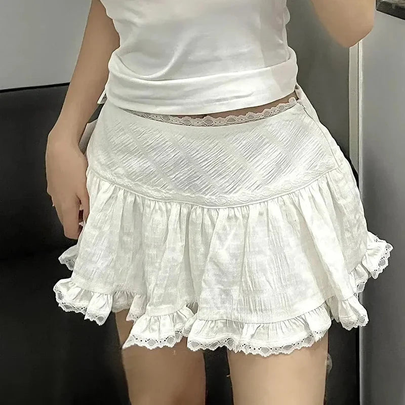 Balletcore Lace Trim Ruffled Mini Skirt