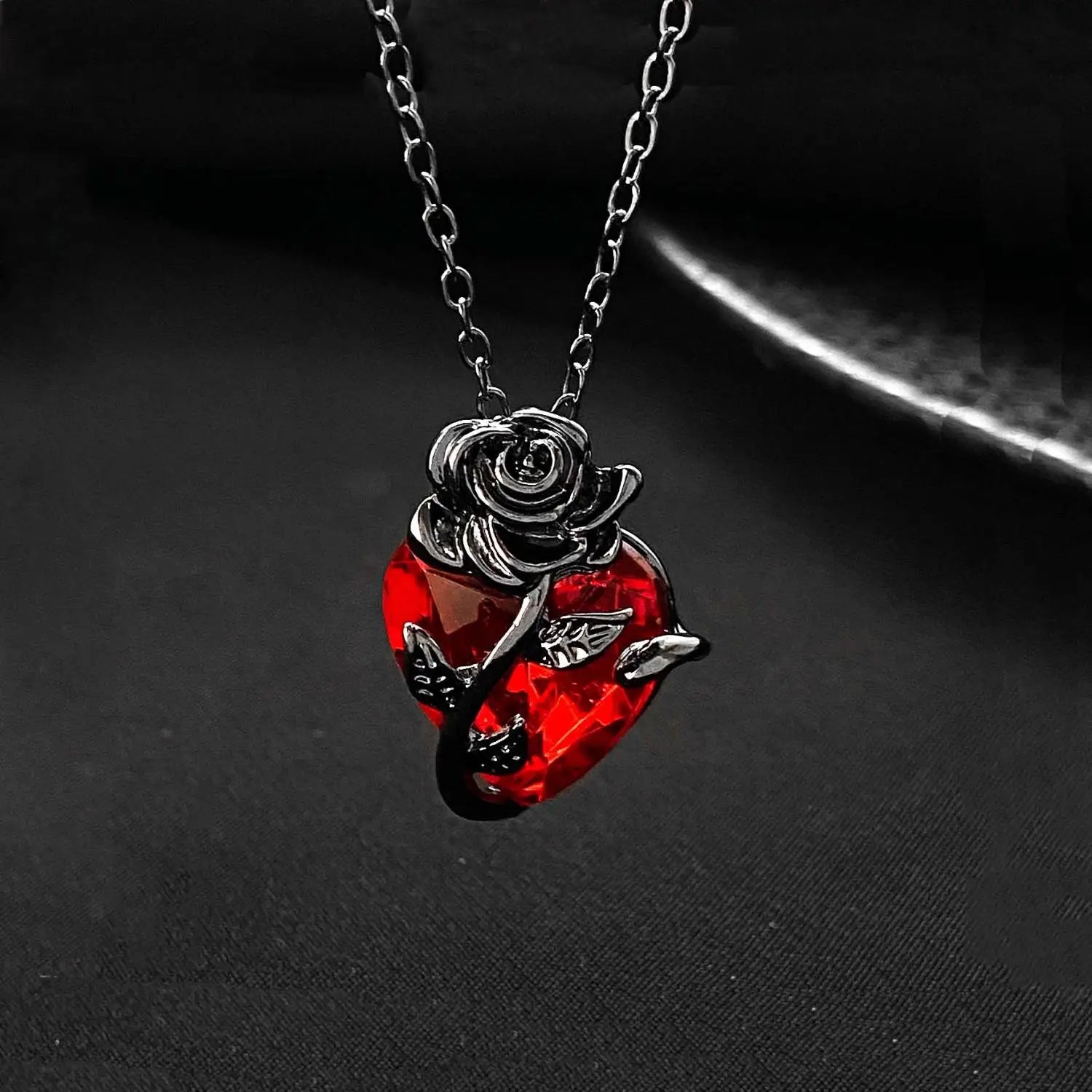 Dark Red Crystal Rose Pendant Necklace