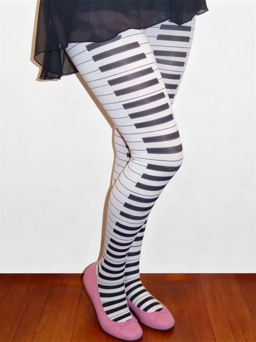 Women Piano Keyboard Printed Tights High Waist Pantyhose Ultra-Thin Stockings Gothic Punk Y2K Tights Hosiery
