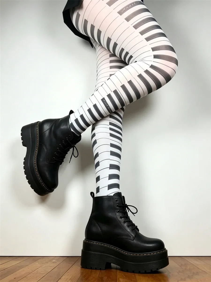 Women Piano Keyboard Printed Tights High Waist Pantyhose Ultra-Thin Stockings Gothic Punk Y2K Tights Hosiery