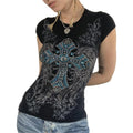 Women Summer T-shirt Rhinestone Retro Print Short Sleeve Round Neck Slim Fit Tee Tops Gothic Punk Shirts