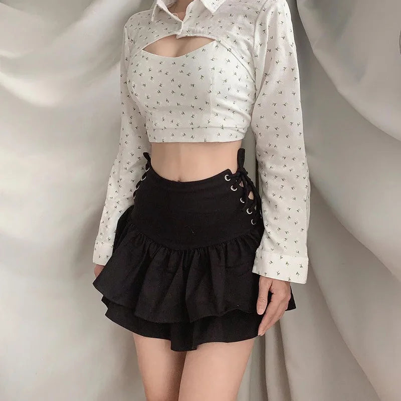 Streetwear Mall Goth Skirt Women Harajuku Y2k E-girl High Waist Bandage Mini Skirt Dark Gothic Punk Emo Alt Club Wear