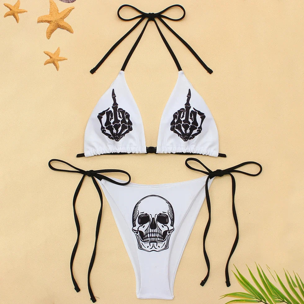 Gothic Bikini 2025 Women Punk Skull Print Bra Triangle Bottoms Swimsuit Split Bathing Suit Underwear Y2K Bikinis Swimwear