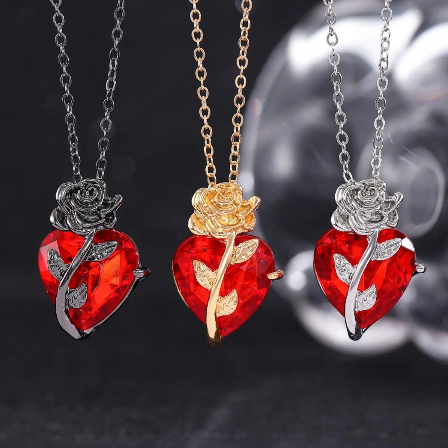 Dark Red Crystal Rose Pendant Necklace