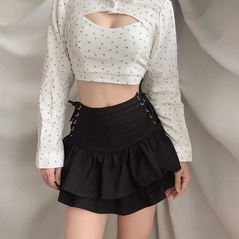 Streetwear Mall Goth Skirt Women Harajuku Y2k E-girl High Waist Bandage Mini Skirt Dark Gothic Punk Emo Alt Club Wear