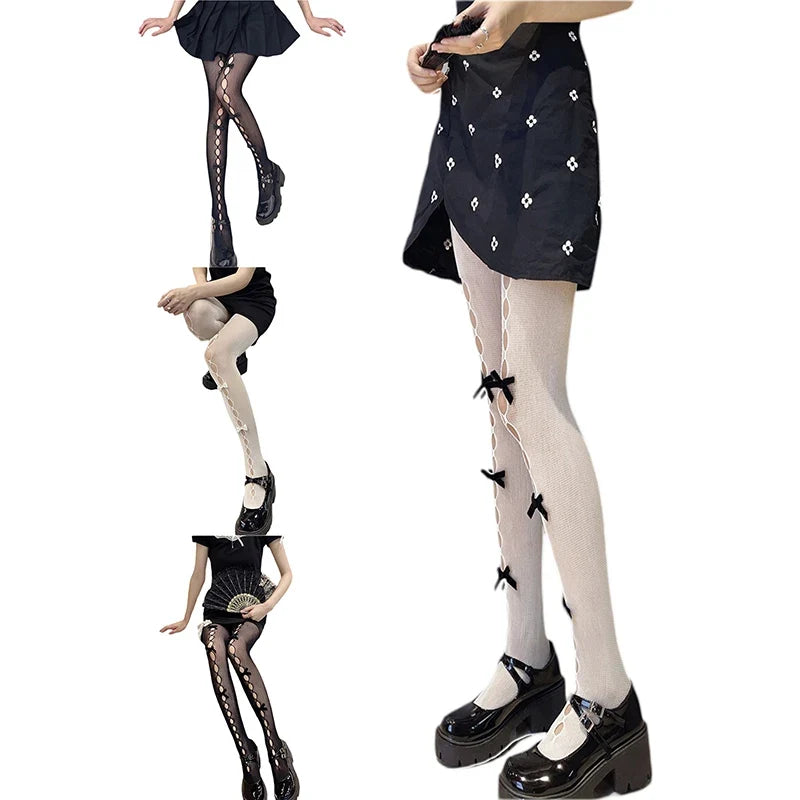 Women Girl Tights Bow-tie Hollow Out Fishnet Stockings Sexy Club Kawaii Gothic Lolita Summer Leggings Hosiery
