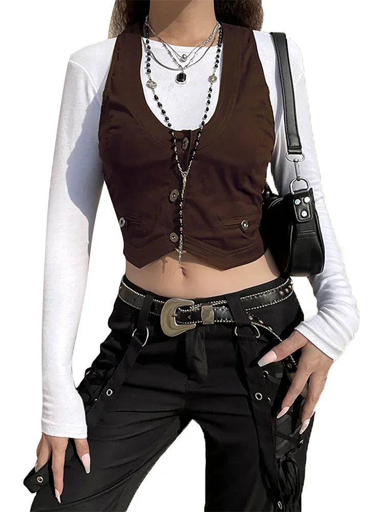 Women Vest Sleeveless V Neck Button Down Tank Tops Gilet with Pockets for Casual Street Gothic