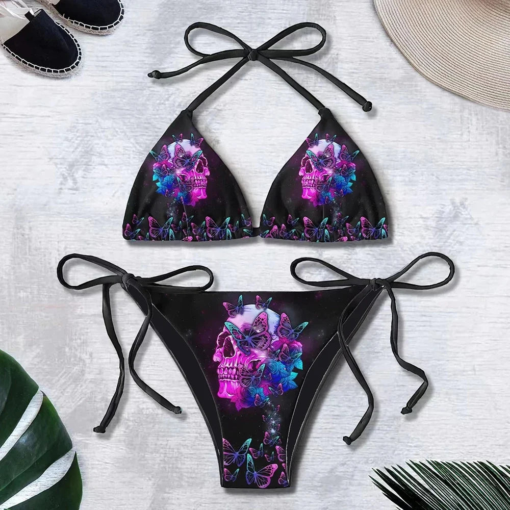 Gothic Bikini 2025 Women Punk Skull Print Bra Triangle Bottoms Swimsuit Split Bathing Suit Underwear Y2K Bikinis Swimwear