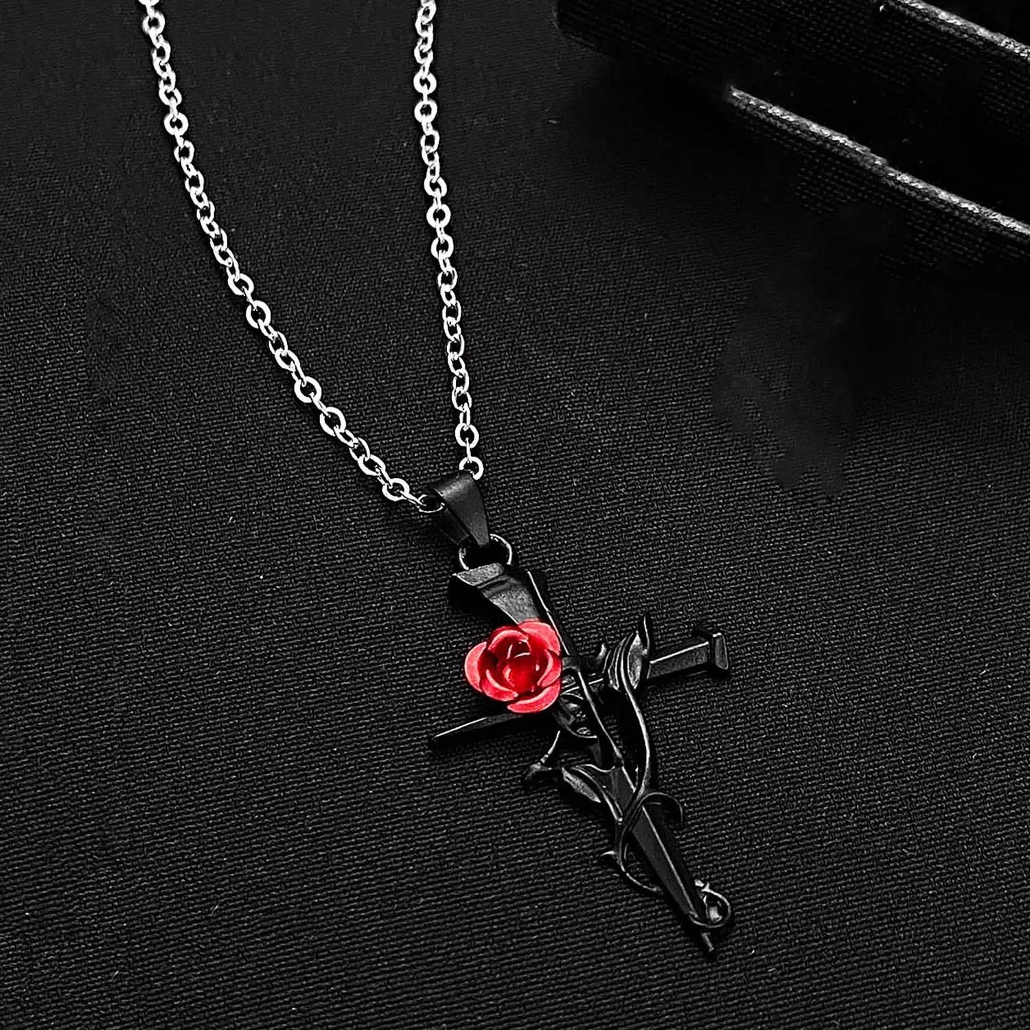 Dark Red Crystal Rose Pendant Necklace