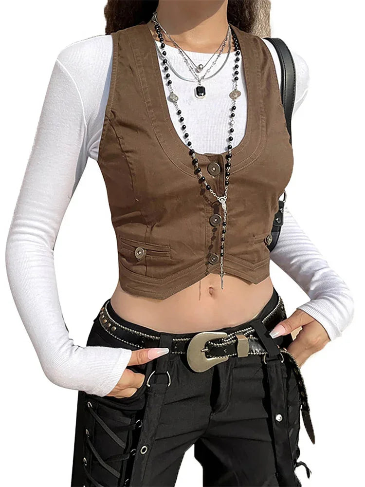 Women Vest Sleeveless V Neck Button Down Tank Tops Gilet with Pockets for Casual Street Gothic