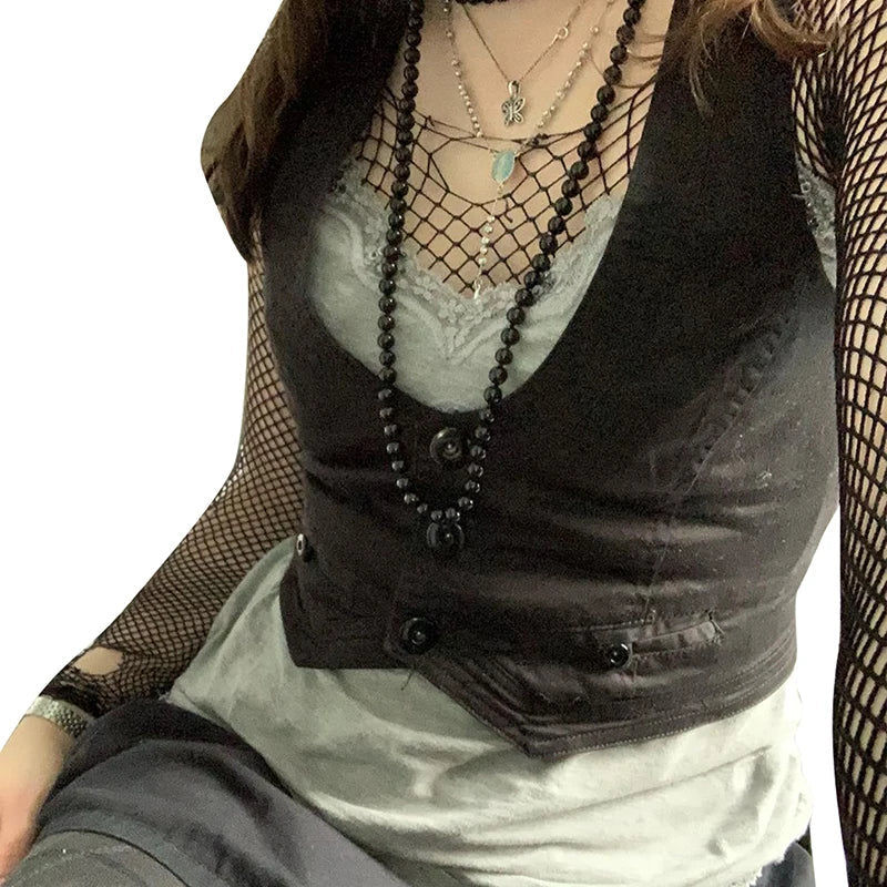 Women Vest Sleeveless V Neck Button Down Tank Tops Gilet with Pockets for Casual Street Gothic