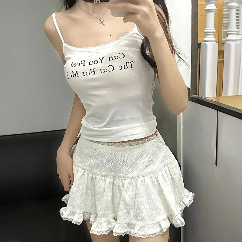 Balletcore Lace Trim Ruffled Mini Skirt