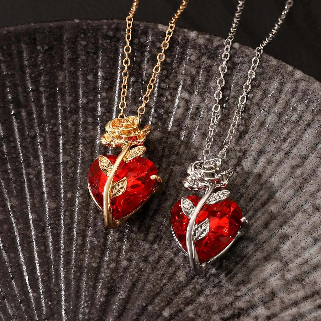 Dark Red Crystal Rose Pendant Necklace