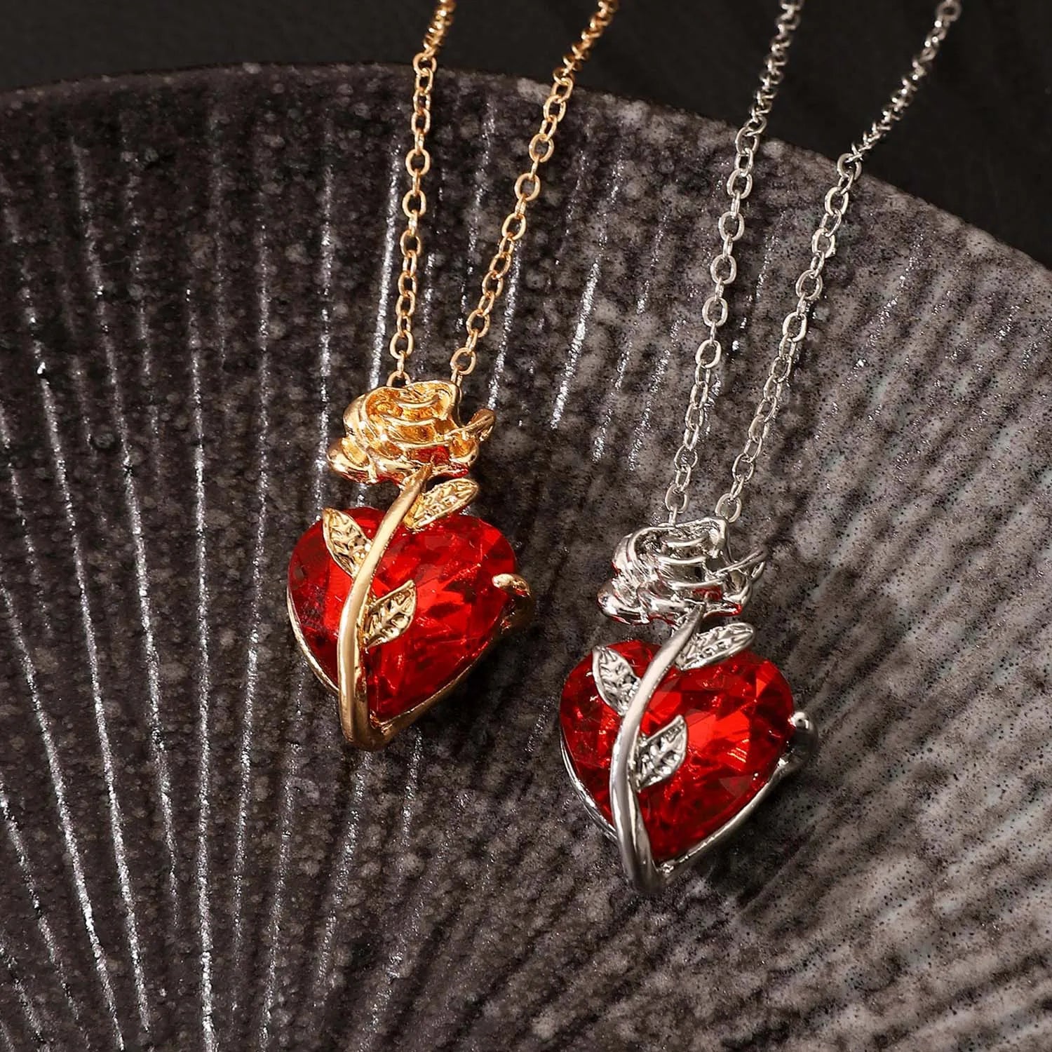 Dark Red Crystal Rose Pendant Necklace
