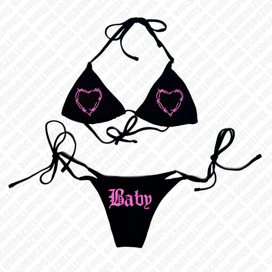 2000s Letter Print Bikini Set Sexy Thong Swimsuit Two Pieces Bathing Suit Punk Gothic Fashion Women Swimwear Y2k Style Emo Girls