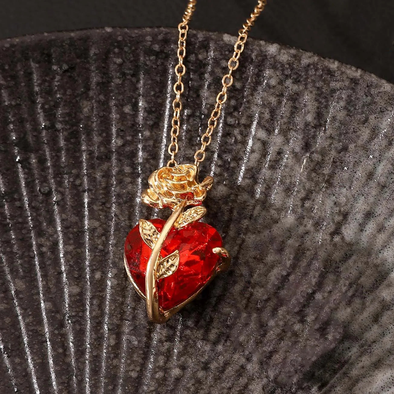 Dark Red Crystal Rose Pendant Necklace