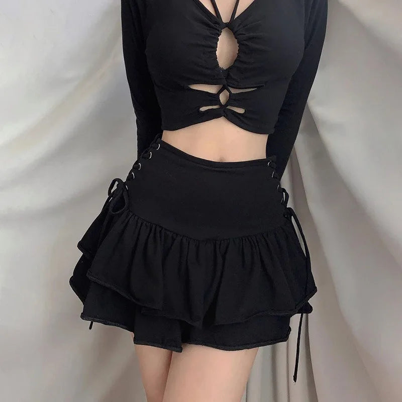 Streetwear Mall Goth Skirt Women Harajuku Y2k E-girl High Waist Bandage Mini Skirt Dark Gothic Punk Emo Alt Club Wear