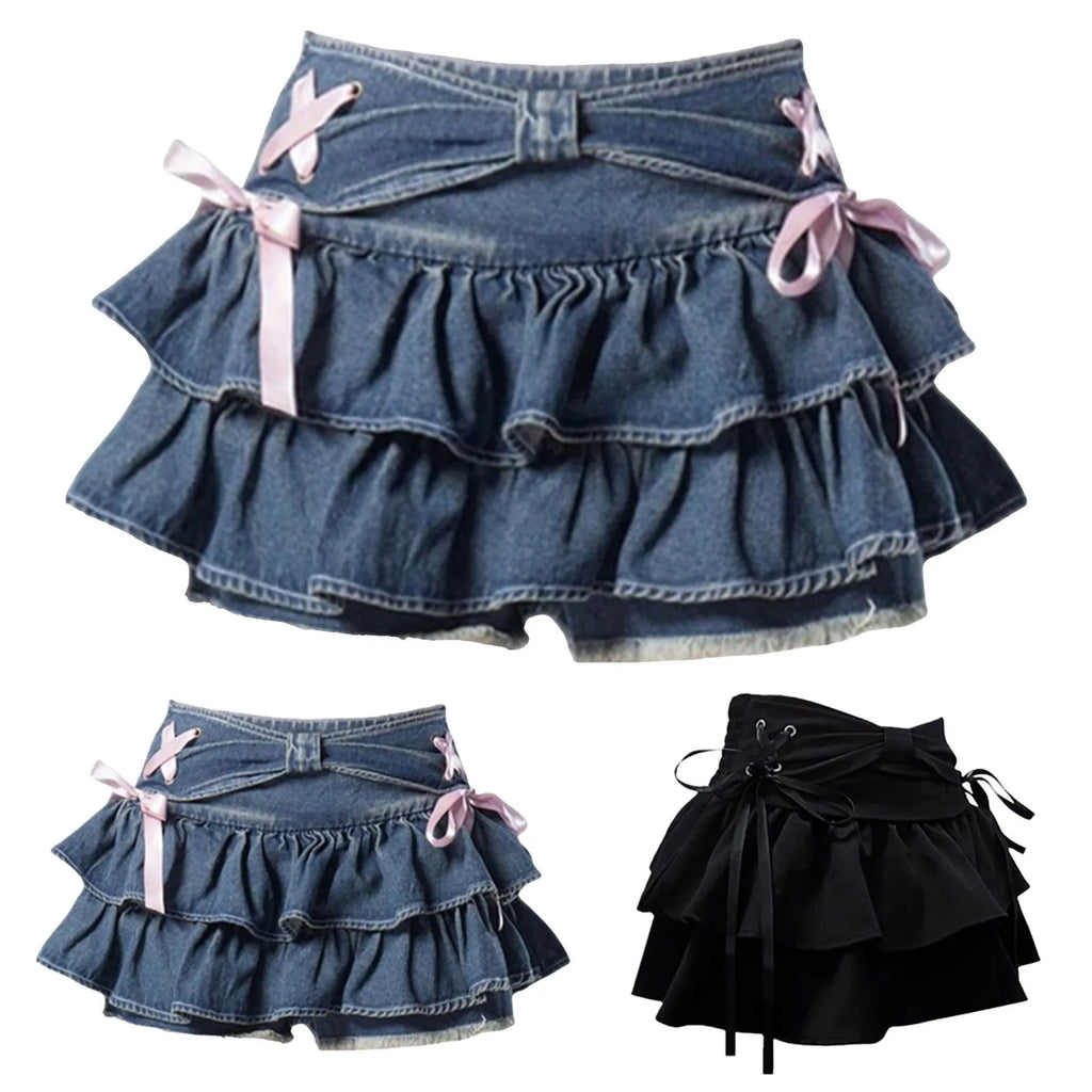 Sweet Kawaii Bow Vintage Denim Skirt Women New Fashion Summer A Line Gothic Mini Skirts American Retro Streetwear Y2k Clothes