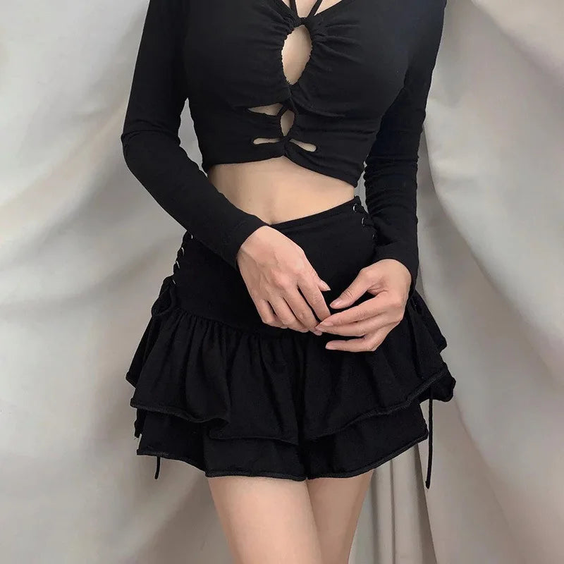 Streetwear Mall Goth Skirt Women Harajuku Y2k E-girl High Waist Bandage Mini Skirt Dark Gothic Punk Emo Alt Club Wear