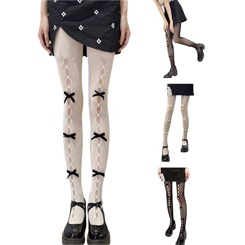 Women Girl Tights Bow-tie Hollow Out Fishnet Stockings Sexy Club Kawaii Gothic Lolita Summer Leggings Hosiery