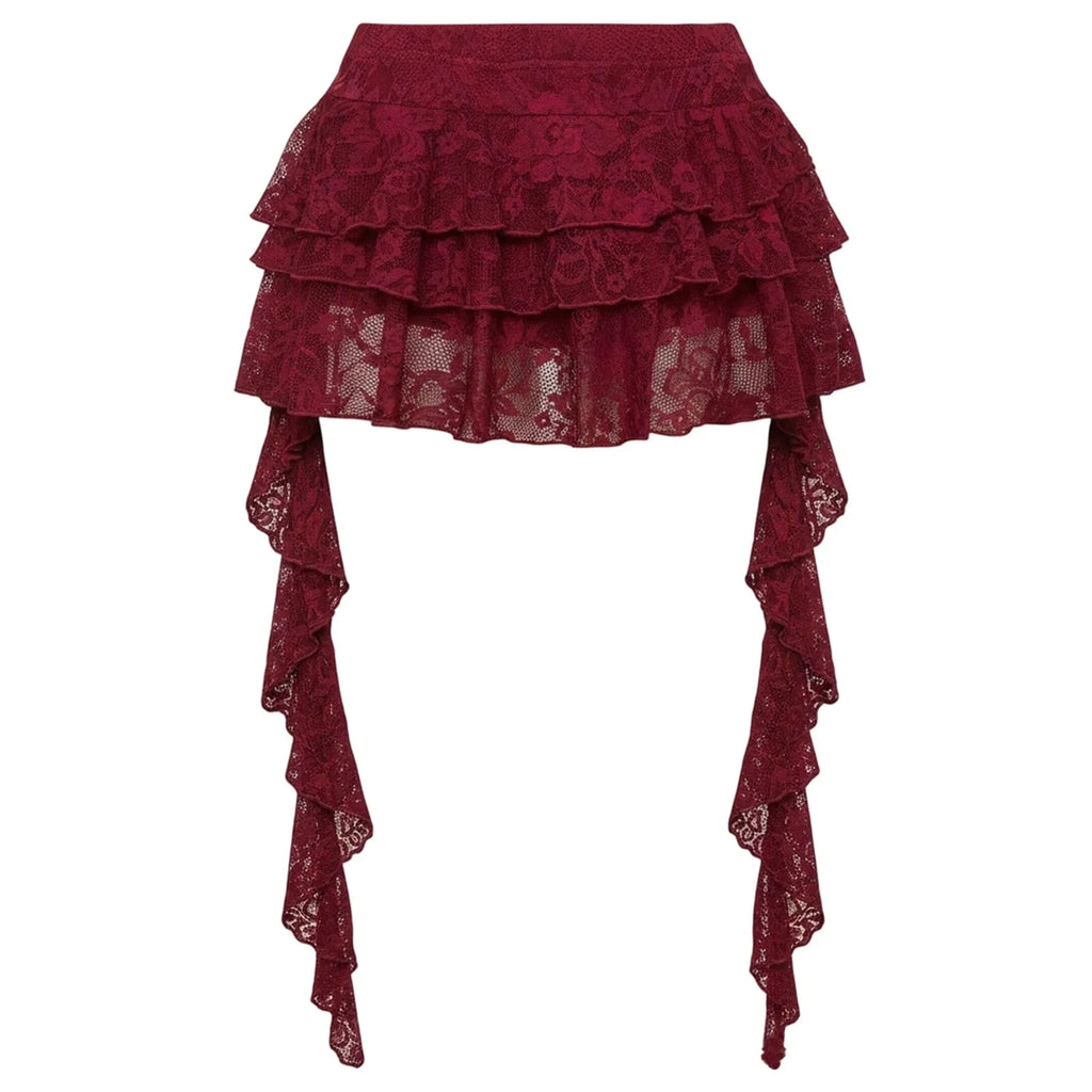 Women's Tiered Lace Ruffle Mini Skirts Asymmetric High Low Hem Gothic Skirts Elastic Waist Sexy Layered Flowy Lace Skirts Y2k