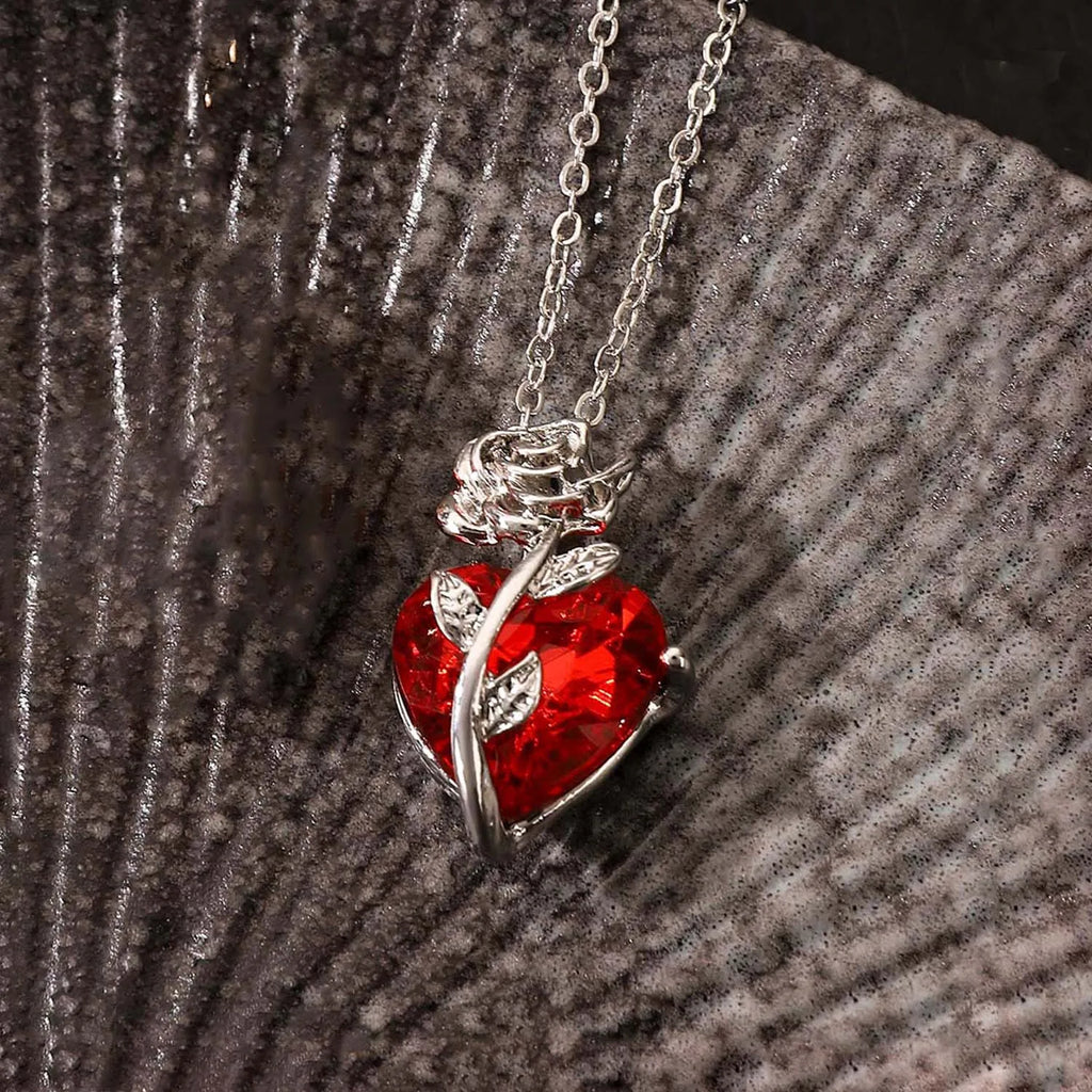 Dark Red Crystal Rose Pendant Necklace