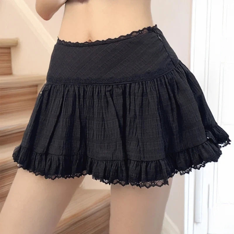 Balletcore Lace Trim Ruffled Mini Skirt