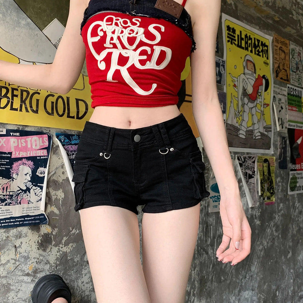 Women's Black Gothic Denim Shorts Y2k High Street Harajuku 2000s Aesthetic Sexy 90S Retro Jeans Shorts Summer Clothing 2025 New
