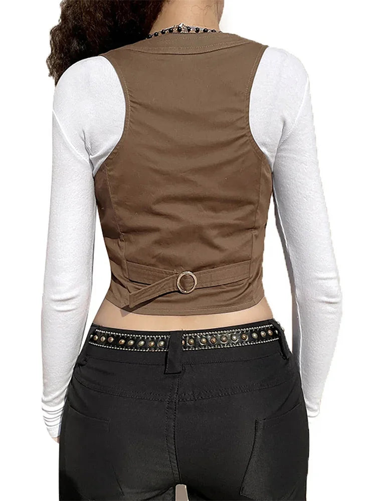 Women Vest Sleeveless V Neck Button Down Tank Tops Gilet with Pockets for Casual Street Gothic