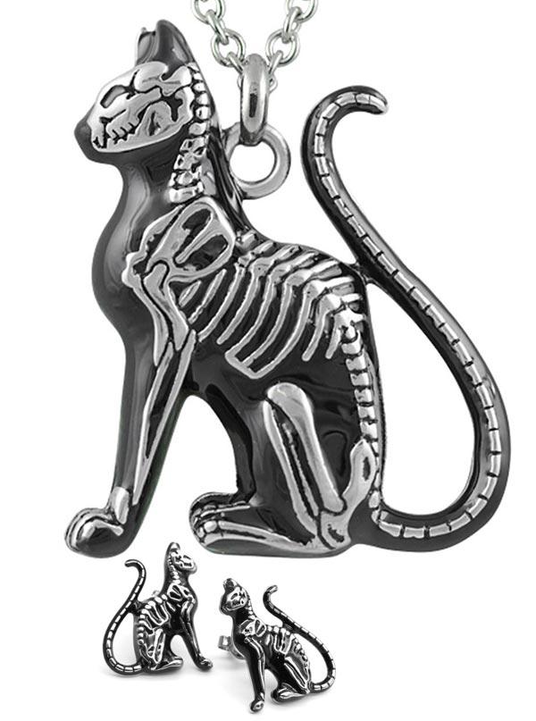 Skeleton Cat Necklace and Earrings Set